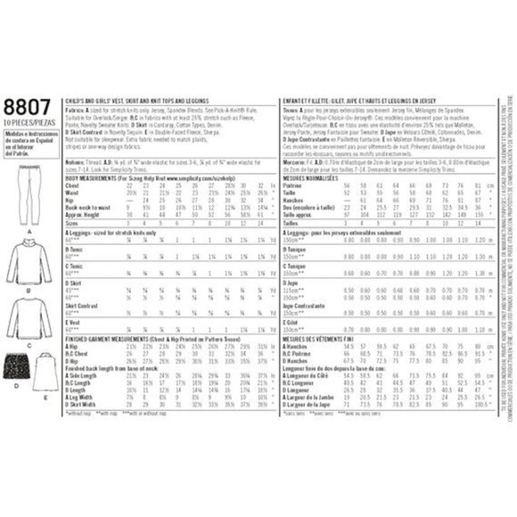 Simplicity Sewing Pattern S8807 R10720 Girls Vest Skirt Leggings Size 3-6 - Picture 2 of 7